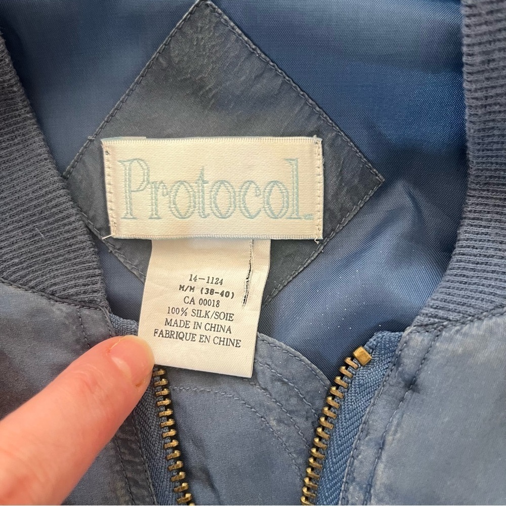 Vintage 100% Silk Dusty Blue Bomber Jacket M - Picture 2 of 5